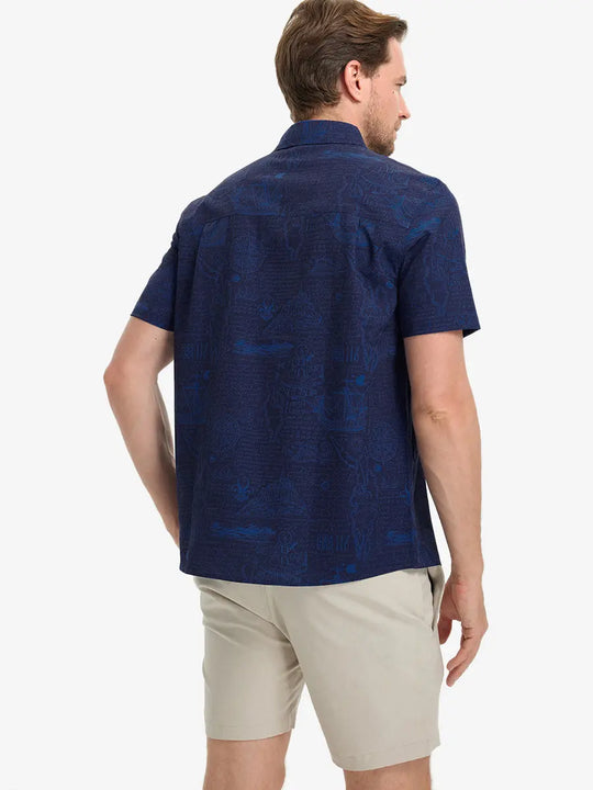 Back half-body view wearing NAVY COMPASS MAP Stylish Printing Summer Shirt.