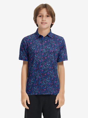 Front half-body shot of youth in navy colorful flower performance print boys golf polo, highlighting design and fit
