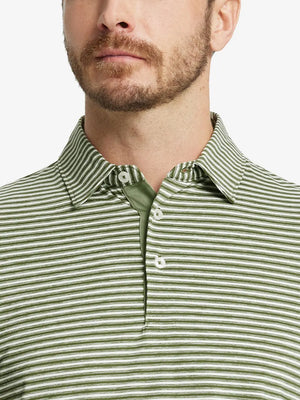Front close-up shot of model from nose to chest wearing Sport Fit Stripe Polo in Olive Green Stripe