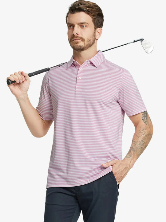 Front half-body shot of model holding golf club, wearing Sport Fit Stripe Polo in Pink Stripe