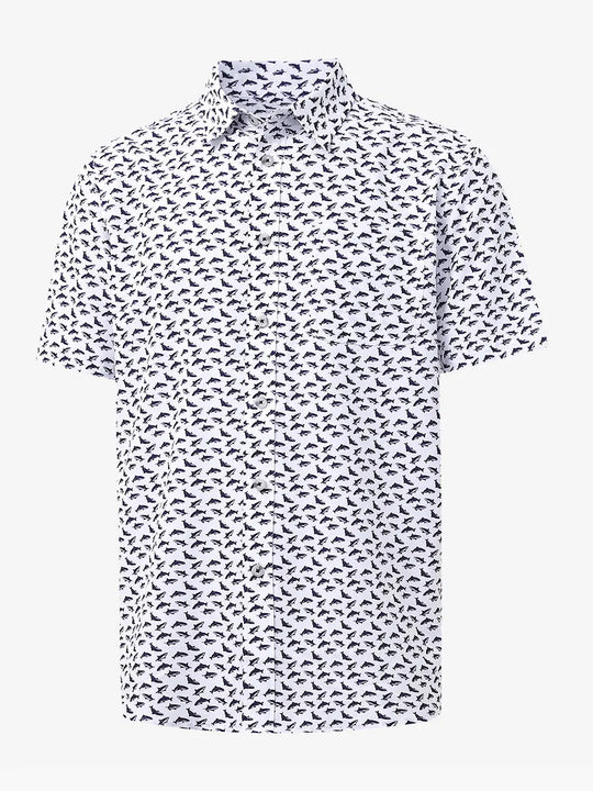 3D display of WHITE PURPLE SHARK Stylish Printing Summer Shirt.