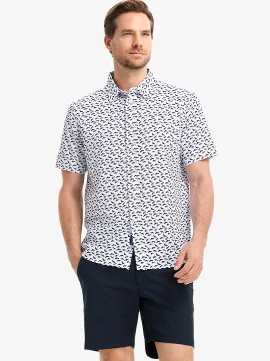 Front half-body view wearing WHITE PURPLE SHARK Stylish Printing Summer Shirt.