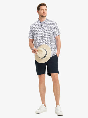 Full-body front view holding a takeaway drink cup, wearing WHITE PURPLE SHARK Stylish Printing Summer Shirt.