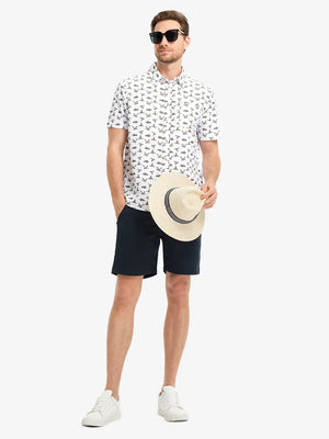 Full-body front view holding a takeaway drink cup, wearing WHITE WILD GOOSE Stylish Printing Summer Shirt.