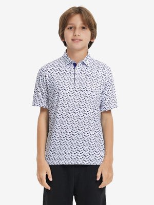 Model front upper body wearing Stylish print boys polo shirts in fresh white purple shark style