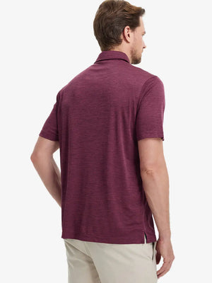 Rear half-body view of Modern Fit Melange Polo in WINE HEATHER, showing neat fit and fabric details.