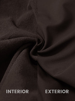 Inside and outside fabric view of coffee brown thermal water repellent fleece dress pants